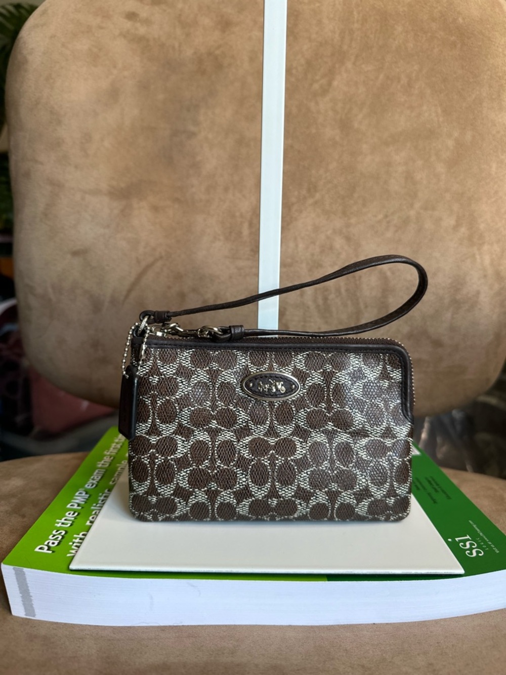 Coach L-Zip Small Wrislet Brown Signature Coated Canvas #52436B Good Condition